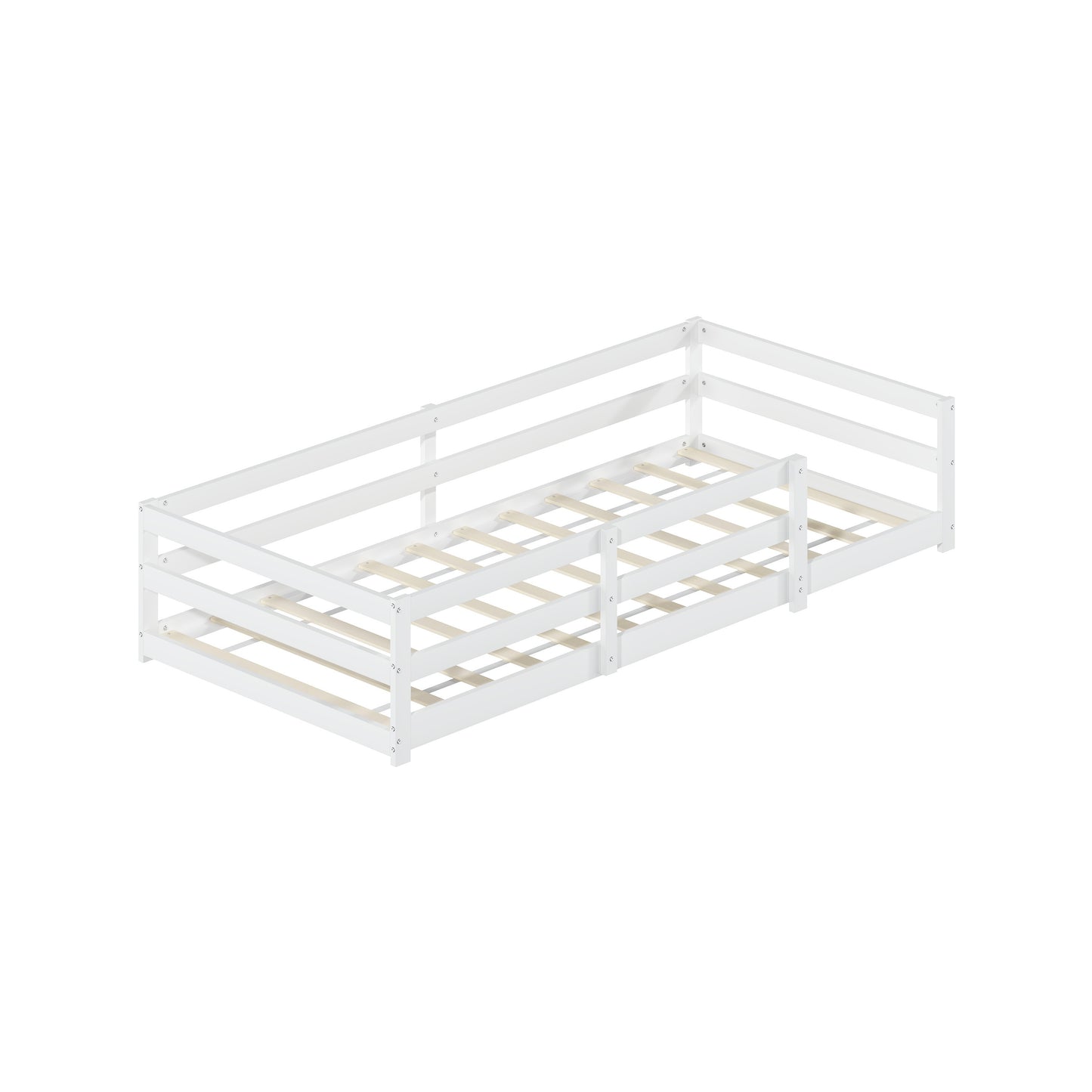 Montessori Bodenbett mit Schutzgitter – Flaches Bett ohne Boxspring nötig, aus Kiefernholz, schnell montiert (90x200 cm, weiß)