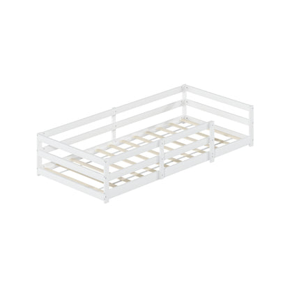 Montessori Bodenbett mit Schutzgitter – Flaches Bett ohne Boxspring nötig, aus Kiefernholz, schnell montiert (90x200 cm, weiß)