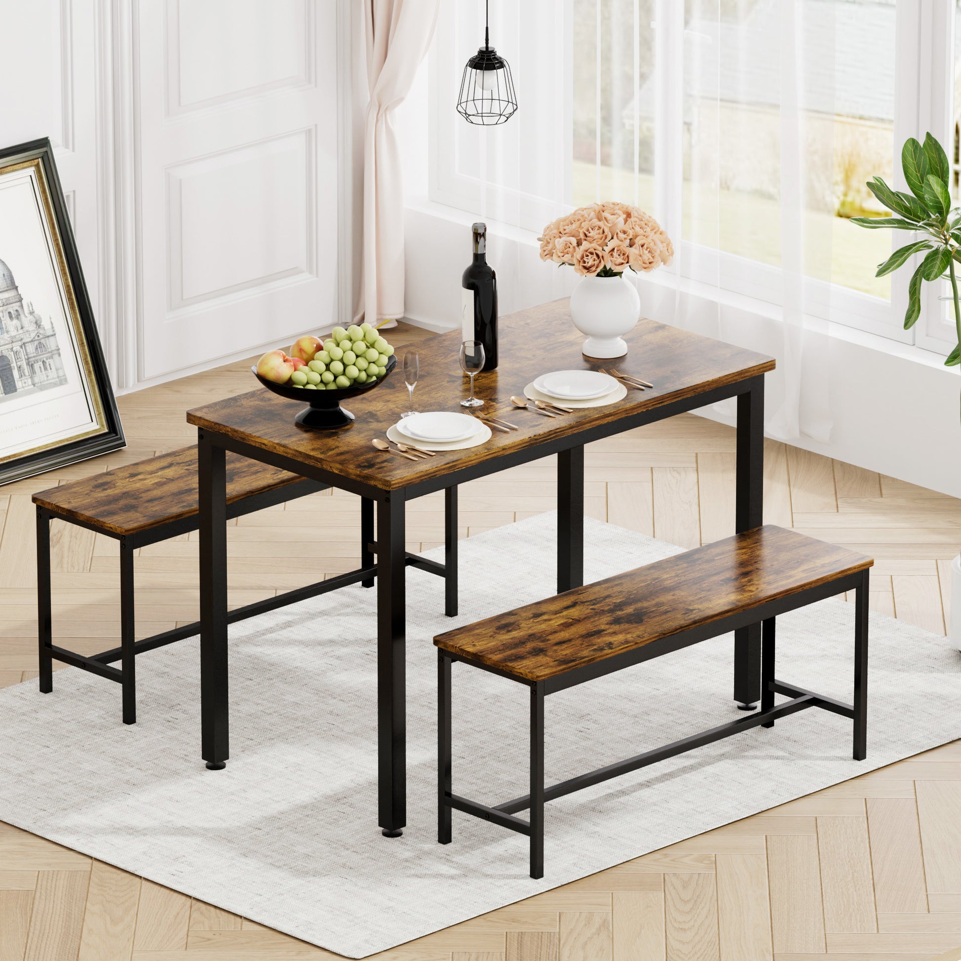 Gigab2b original image - Esstisch-Set, Bartisch mit 2 Essbänken, Küchentisch mit Stühlen, industrieller Frühstückstisch für Küche, Wohnzimmer, Partyraum, Rustikales Braun und Schwarz,110*60*75cm
