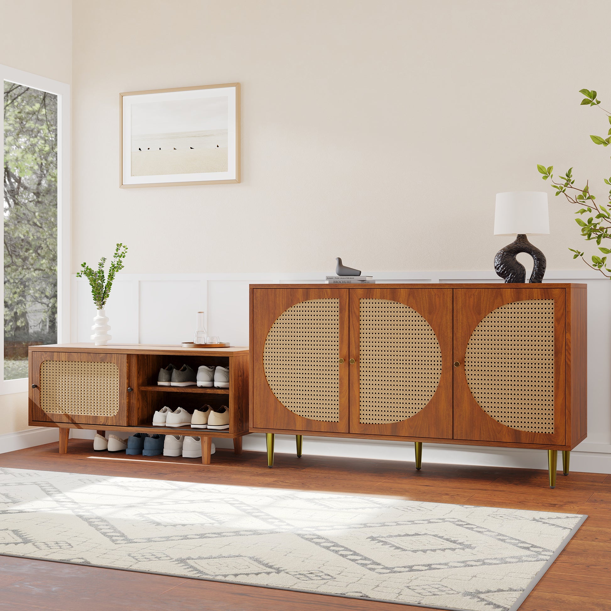Gigab2b original image - Rattan-Sideboard-Set für Wohnzimmer - Kombination aus Rattan-Kommode und Schuhschrank, Walnussfarben