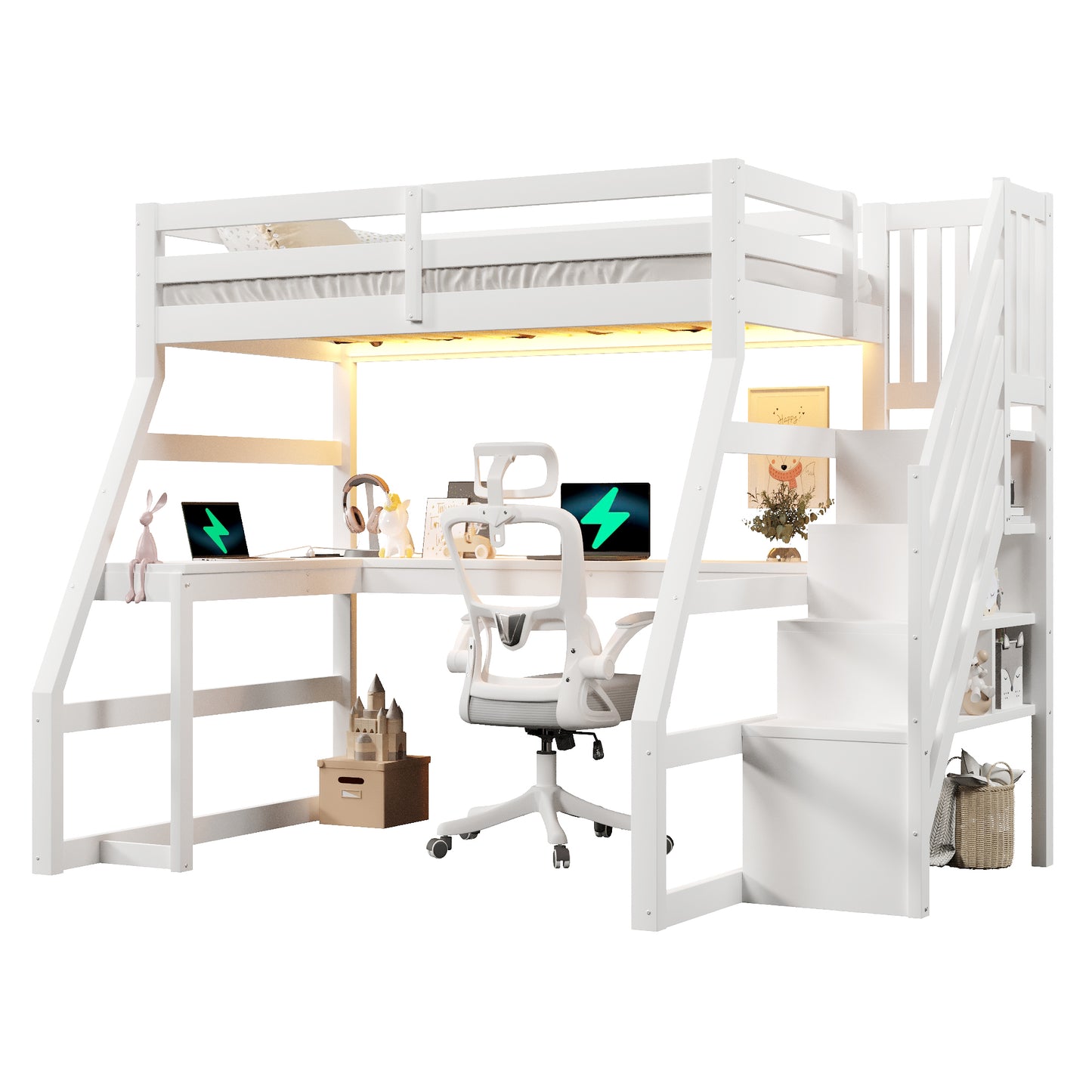 90x200 großes Hochbett aus Holz mit Schreibtisch, LED-Beleuchtung, USB-Anschluss und Treppe mit Stauraum, Weiß