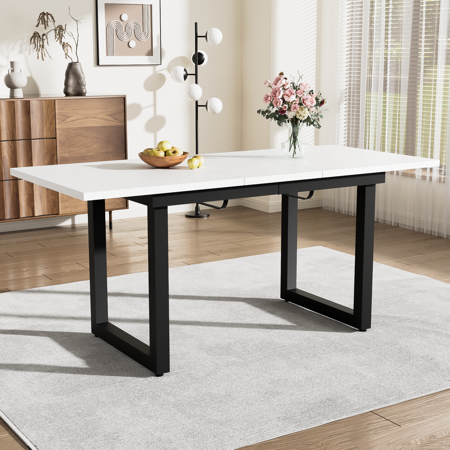 Gigab2b original image - Erweiterbarer Esstisch, L140/180*W80*H75, Industriestil, rechteckiger, Kaffee-Freizeittisch, moderner einfacher Esstisch aus Eisen, Platzsparender multifunktionaler Esstisch,MDF, Weiß+Schwarz