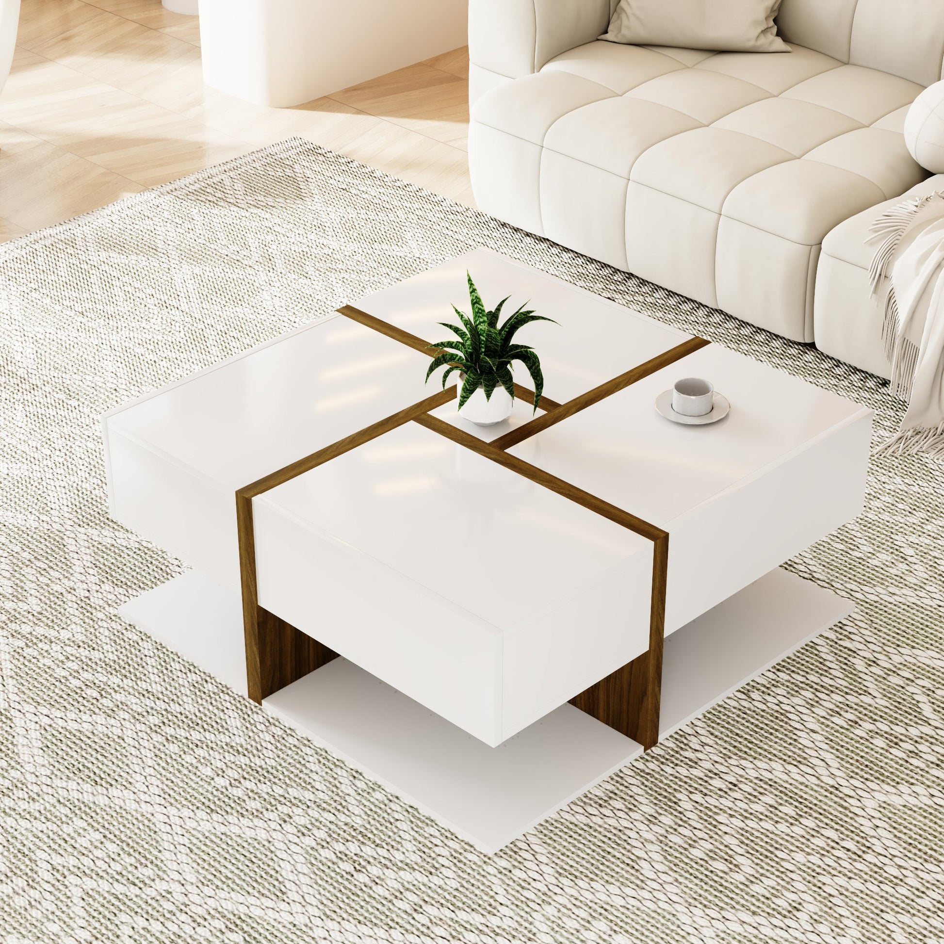 Gigab2b original image - Hochglanz-Couchtisch, Tisch mit 4 Schubladen, einzigartige Farbabstimmung und Liniendesign, Stauraum unten. 78*78*34,8cm
