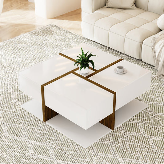 Gigab2b original image - Hochglanz-Couchtisch, Tisch mit 4 Schubladen, einzigartige Farbabstimmung und Liniendesign, Stauraum unten. 78*78*34,8cm