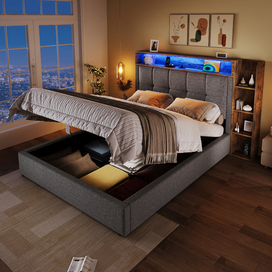 Gigab2b original image - Polsterbett , 90x200 cm, Mit USB Typ-C Ladefunktion,Ohne Matratze, Multifunktionale Aufbewahrung, LED-Beleuchtung, Drucktaste/Appdienung,Leinen, Grau