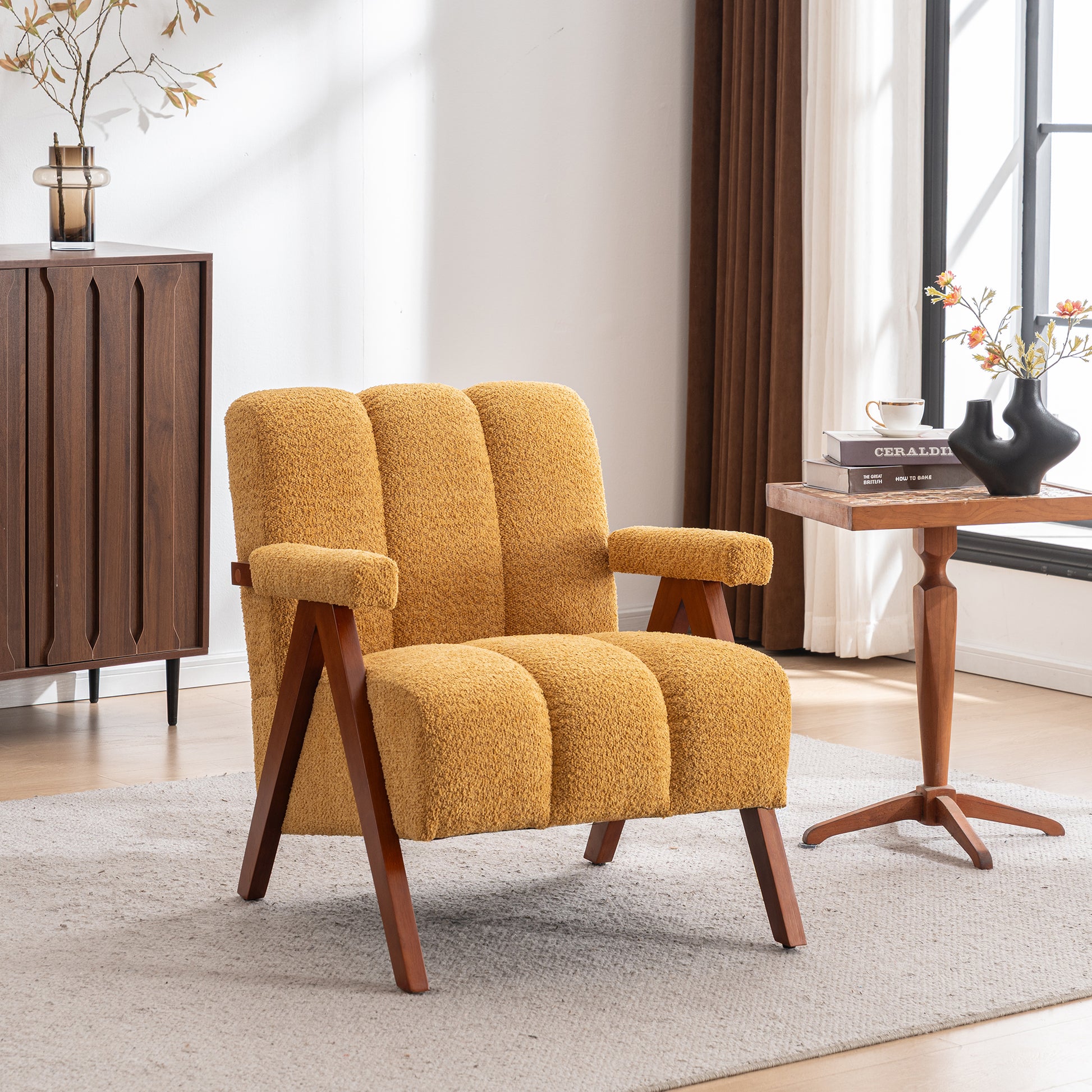 Bouclé-Sitzmöbel mit Holzrahmen, Armlehnenstuhl für Wohnzimmer, Schlafzimmer, Gelb