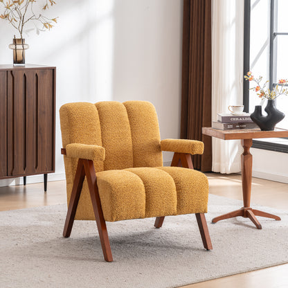Bouclé-Sitzmöbel mit Holzrahmen, Armlehnenstuhl für Wohnzimmer, Schlafzimmer, Gelb