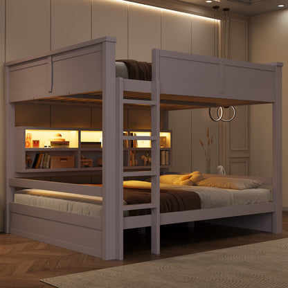 160x200 Etagenbett mit Stauraumschränken und LED-Licht, Braun
