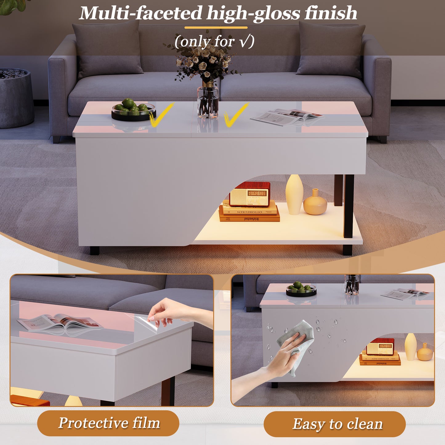 50 x 100 x 46 cm höhenverstellbarer Wohnzimmer-Couchtisch,Beistelltisch mit verstecktem Stauraum,Durchbrochener kaffetisch,Hochglänzender LED-Sofatisch,Teetisch mit seitlicher Ablage,Weiß