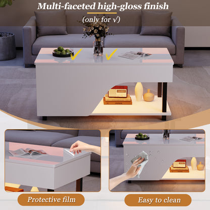 50 x 100 x 46 cm höhenverstellbarer Wohnzimmer-Couchtisch,Beistelltisch mit verstecktem Stauraum,Durchbrochener kaffetisch,Hochglänzender LED-Sofatisch,Teetisch mit seitlicher Ablage,Weiß