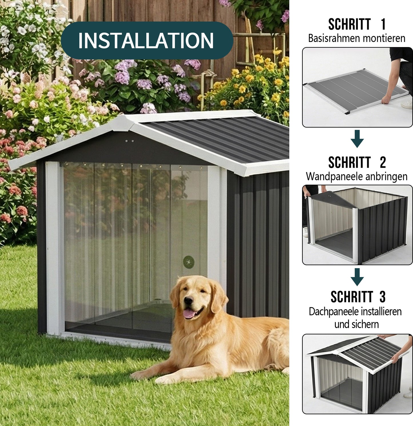 102x91x84cm Outdoor Dog House, Large Waterproof Pet House with Slanted Roof for Drainage, UV Protection & Ventilation, Weather Resistant Plastic Dog Kennel for Backyard Patio Camping – Grey