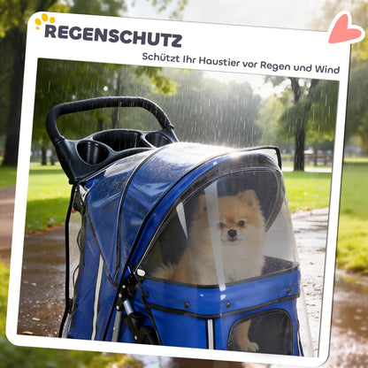 Foldable Blue Pet Stroller with Rain Cover and Reflectors