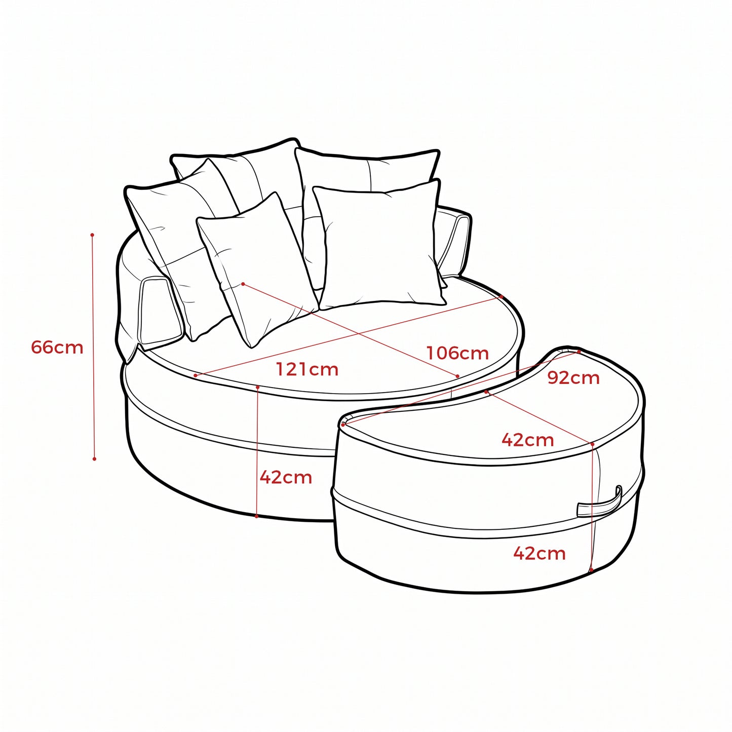 Rundes Sofa mit 5 Kissen und Hocker für Wohnzimmer und Schlafzimmer, Grün