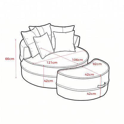 Rundes Sofa mit 5 Kissen und Hocker für Wohnzimmer und Schlafzimmer, Grün
