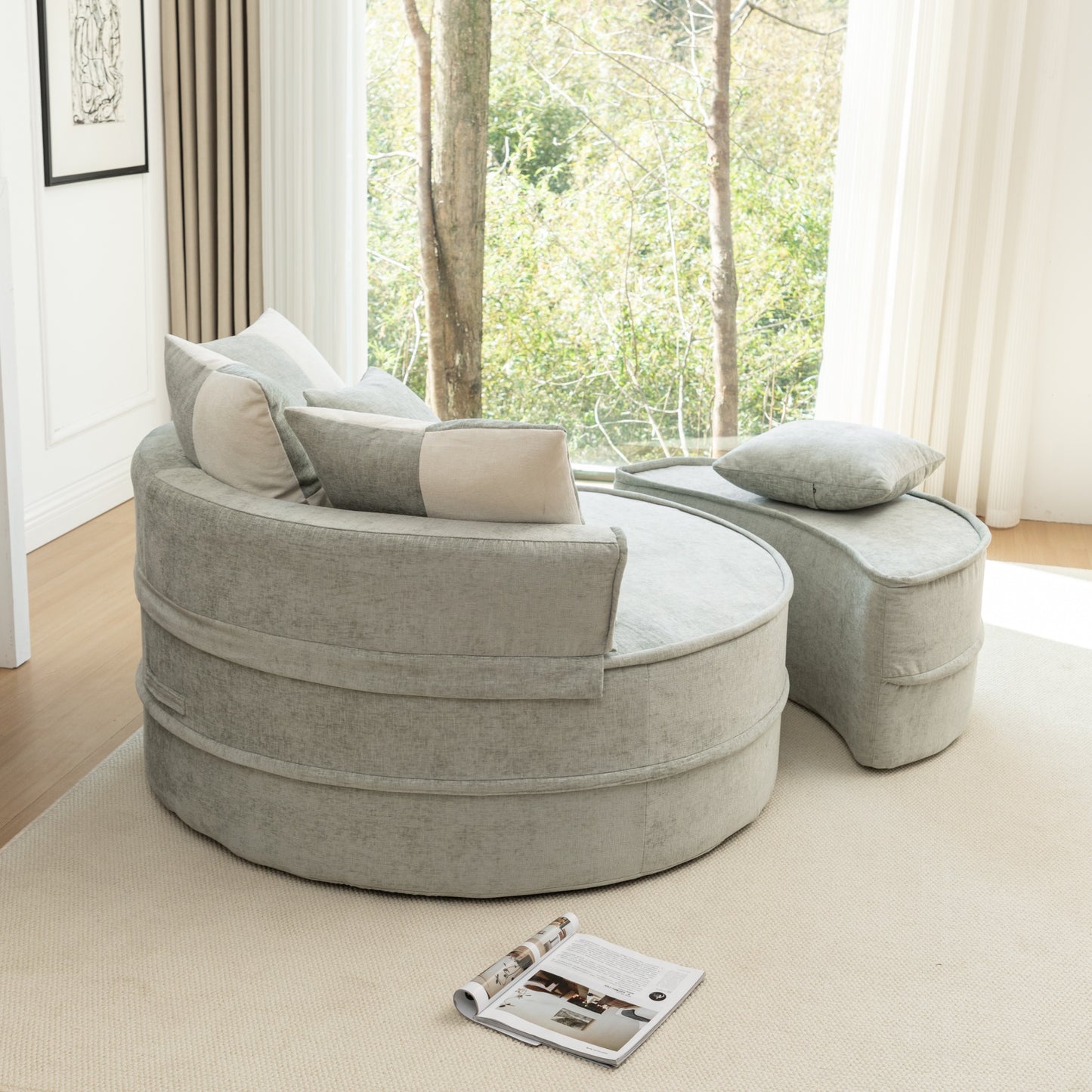 Rundes Sofa mit 5 Kissen und Hocker für Wohnzimmer und Schlafzimmer, Grün