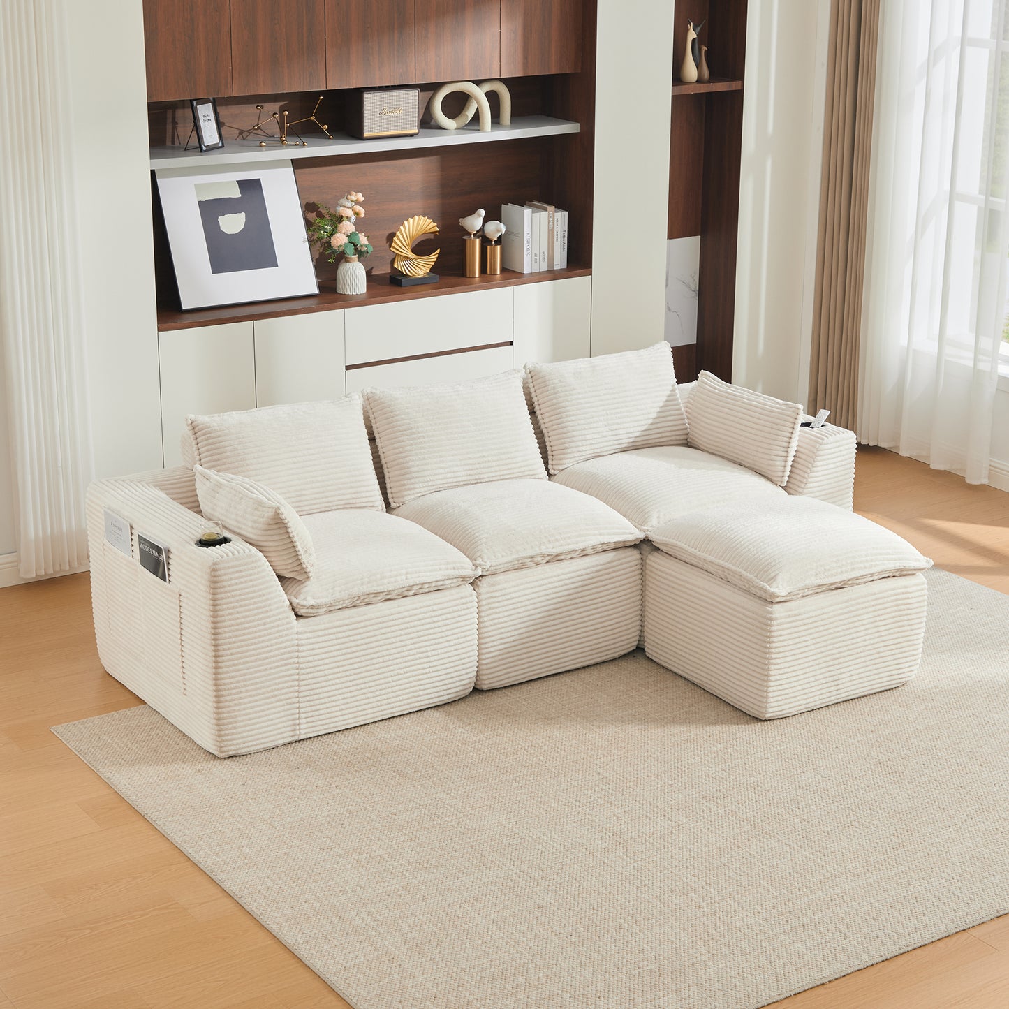 Modulares 3-Sitzer-Sofa + Fußhocker, inklusive Kissen, Getränkehalter und 2 Seitentaschen. Mit einer Füllung aus Schaumstoff und Federkern. Ideal für Wohnzimmer und ähnliche Räume (beiger Cordstoff)
