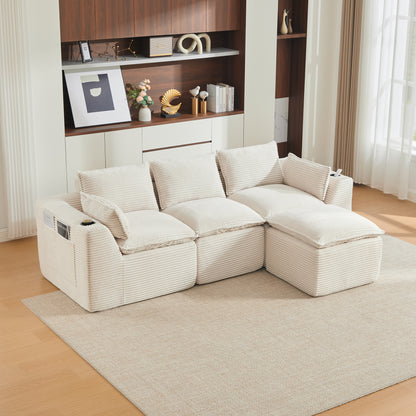 Modulares 3-Sitzer-Sofa + Fußhocker, inklusive Kissen, Getränkehalter und 2 Seitentaschen. Mit einer Füllung aus Schaumstoff und Federkern. Ideal für Wohnzimmer und ähnliche Räume (beiger Cordstoff)