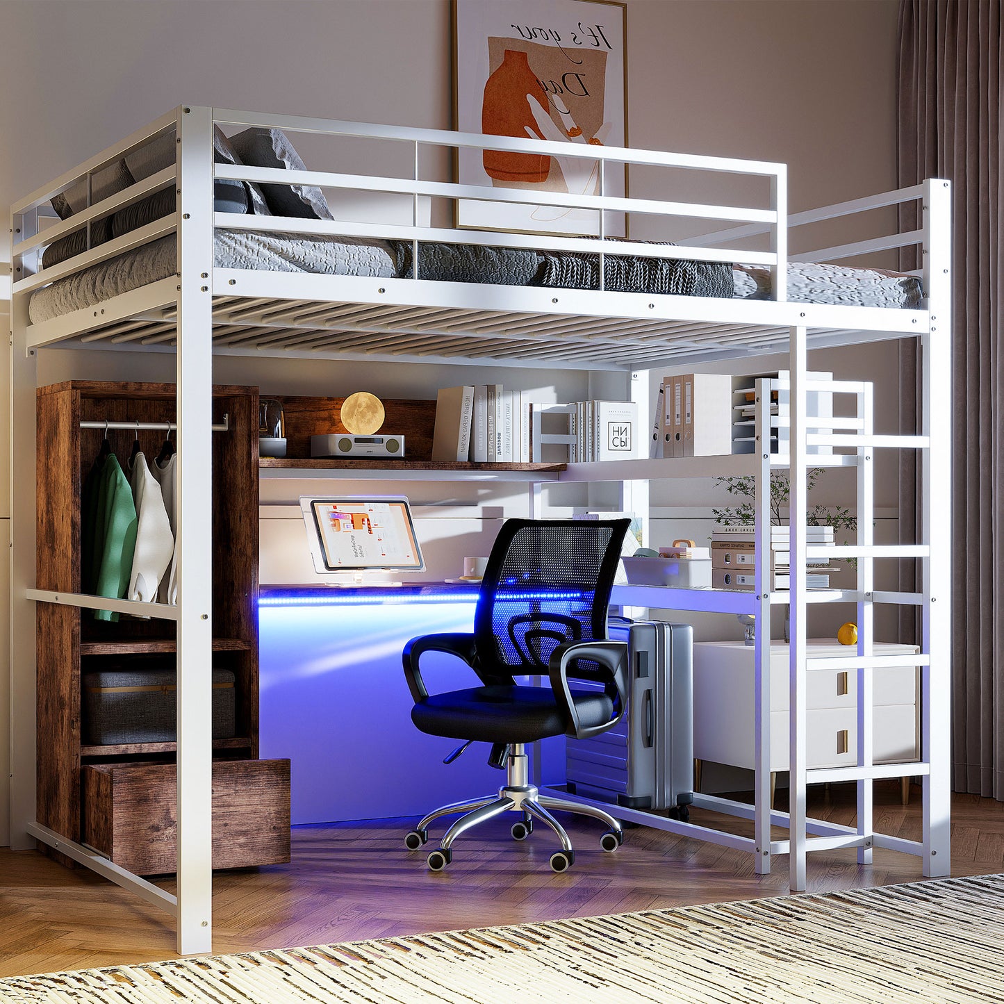 Gigab2b original image - Hochbett, 140x200cm , Metallbett, Mit LED-Leuchten, Schreibtisch, 1 Schubladen, Regale, Geländer, Treppe, ohne Matratze, Weiß