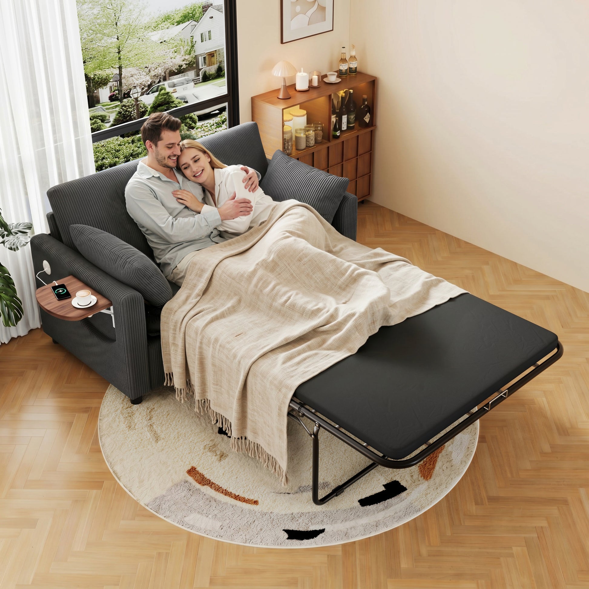 Ausziehbares 2‑Sitzer‑Schlafsofa mit Schlaffunktion, USB‑Ladeanschluss, klappbarem Seitentisch, Matratze, zwei Bettlaken und zwei Kissen, ideal für Wohnzimmer und Apartments, Grey