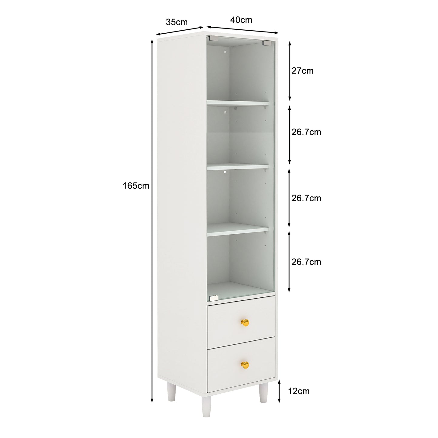 Vitrine mit LED-Beleuchtung, modernes Bücherregal mit Glastüren und 2 Schubladen, Vitrine für Sammlerstücke, moderner Stil mit goldenen Griffen, weiß–H165/B40/T35cm