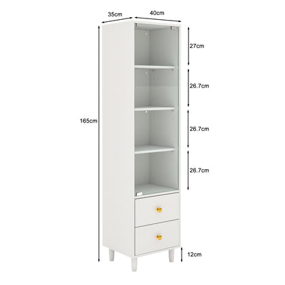 Vitrine mit LED-Beleuchtung, modernes Bücherregal mit Glastüren und 2 Schubladen, Vitrine für Sammlerstücke, moderner Stil mit goldenen Griffen, weiß–H165/B40/T35cm