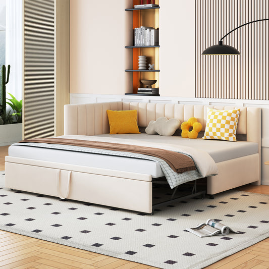 Gigab2b original image - Multifunktionales L-förmiges Schlafsofa mit Ausziehbett 90/180*200cm, Polsterbett in Samtstoff, platzsparendes Design für Kinderbett, Gästebett Beige