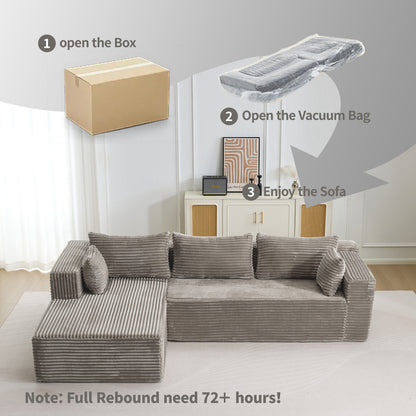 Compression Sectional Couch with Comfy Chaise, Boneless L Shape Sofa with Deep Seat, Minimalist Modular Couches Sleeper for Living Room Bedroom Apartment Lounge,corduroy,Grey