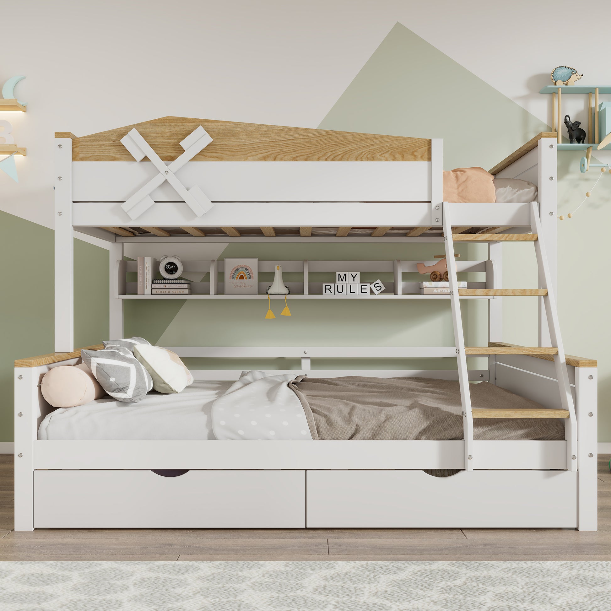 Gigab2b original image - Etagenbett mit Windmühle, mit Regalen, Kinderbett, mit farblich abgesetztem Fallschutzgitter, mit vierstufigen Schrägleiter und Schubladen, Kiefer+MDF, Weiß+Natur, 90x200cm&140x200cm