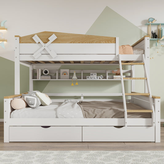 Gigab2b original image - Etagenbett mit Windmühle, mit Regalen, Kinderbett, mit farblich abgesetztem Fallschutzgitter, mit vierstufigen Schrägleiter und Schubladen, Kiefer+MDF, Weiß+Natur, 90x200cm&140x200cm