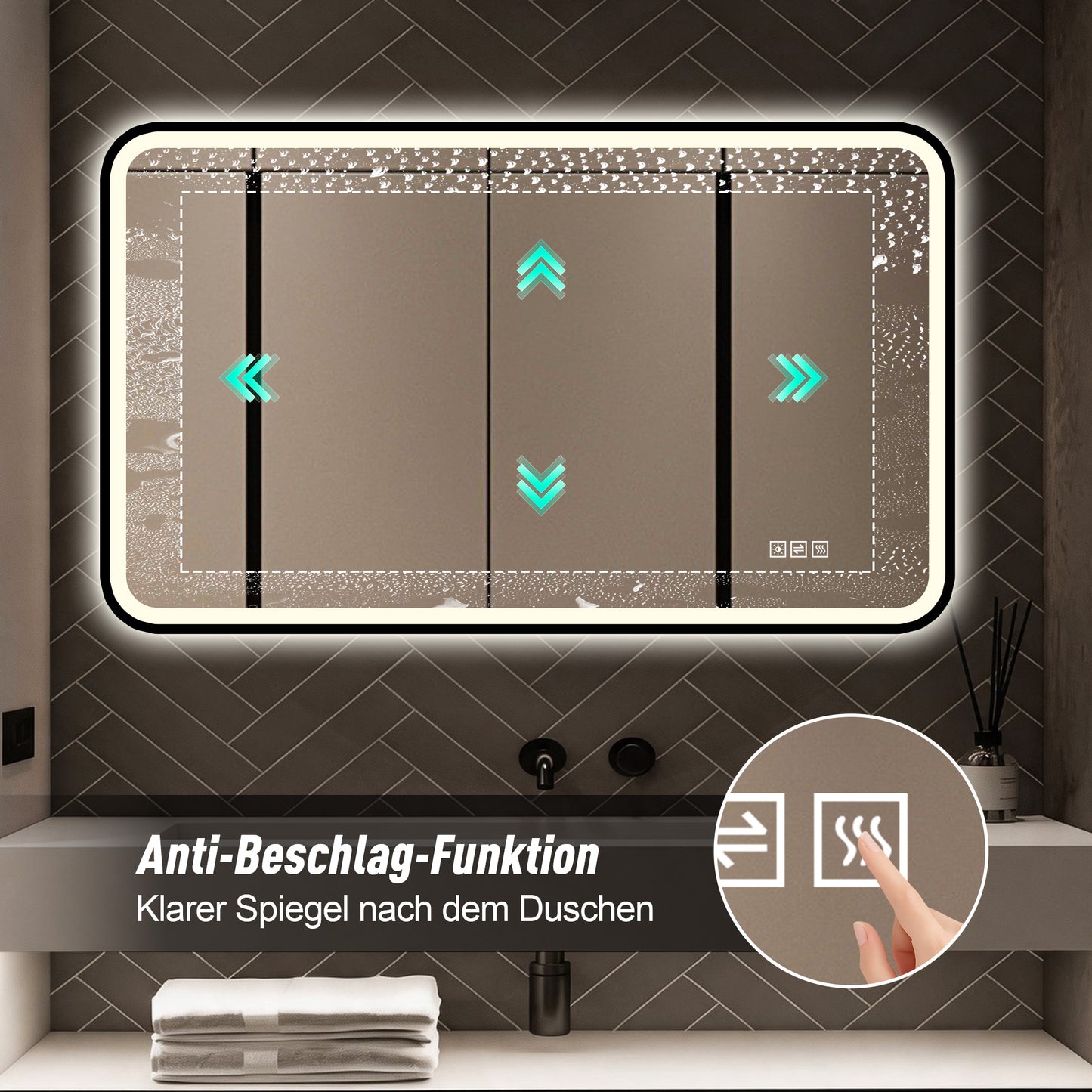 70×90cm LED Badezimmerspiegel mit schwarzem Aluminiumrahmen, Front- & Hintergrundbeleuchtung, Anti-Beschlag, 3 Lichtfarben, dimmbar, Memory-Funktion, horizontal & vertikal montierbar, IP44 wasserdich