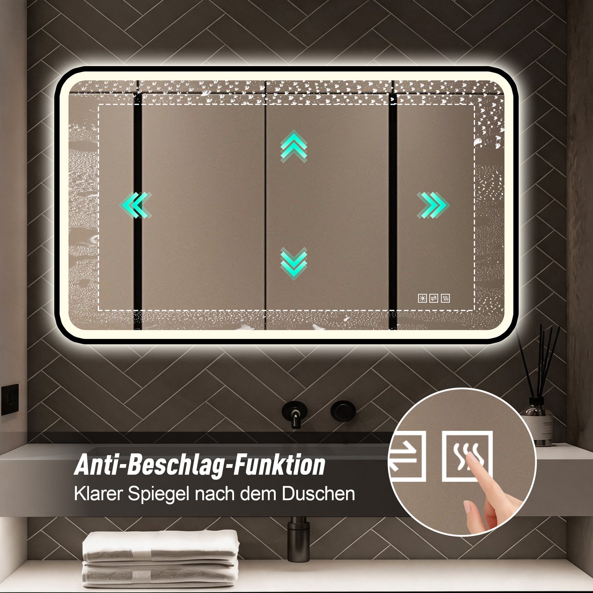 70×90cm LED Badezimmerspiegel mit schwarzem Aluminiumrahmen, Front- & Hintergrundbeleuchtung, Anti-Beschlag, 3 Lichtfarben, dimmbar, Memory-Funktion, horizontal & vertikal montierbar, IP44 wasserdich