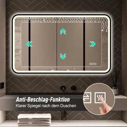 70×90cm LED Badezimmerspiegel mit schwarzem Aluminiumrahmen, Front- & Hintergrundbeleuchtung, Anti-Beschlag, 3 Lichtfarben, dimmbar, Memory-Funktion, horizontal & vertikal montierbar, IP44 wasserdich