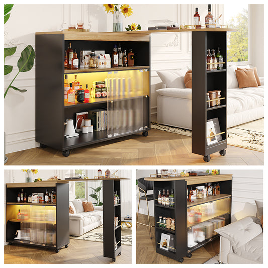 Ausziehbarer Bartisch mit Stauraum ,Moderner Beweglicher Bar Table, Teleskopischer Bartisch mit LED, Stehtisch Bistrotisch  Hochtisch Kücheninsel  Bistro Table,Großer Stauraum,Schwaz(138-204×39×105cm)