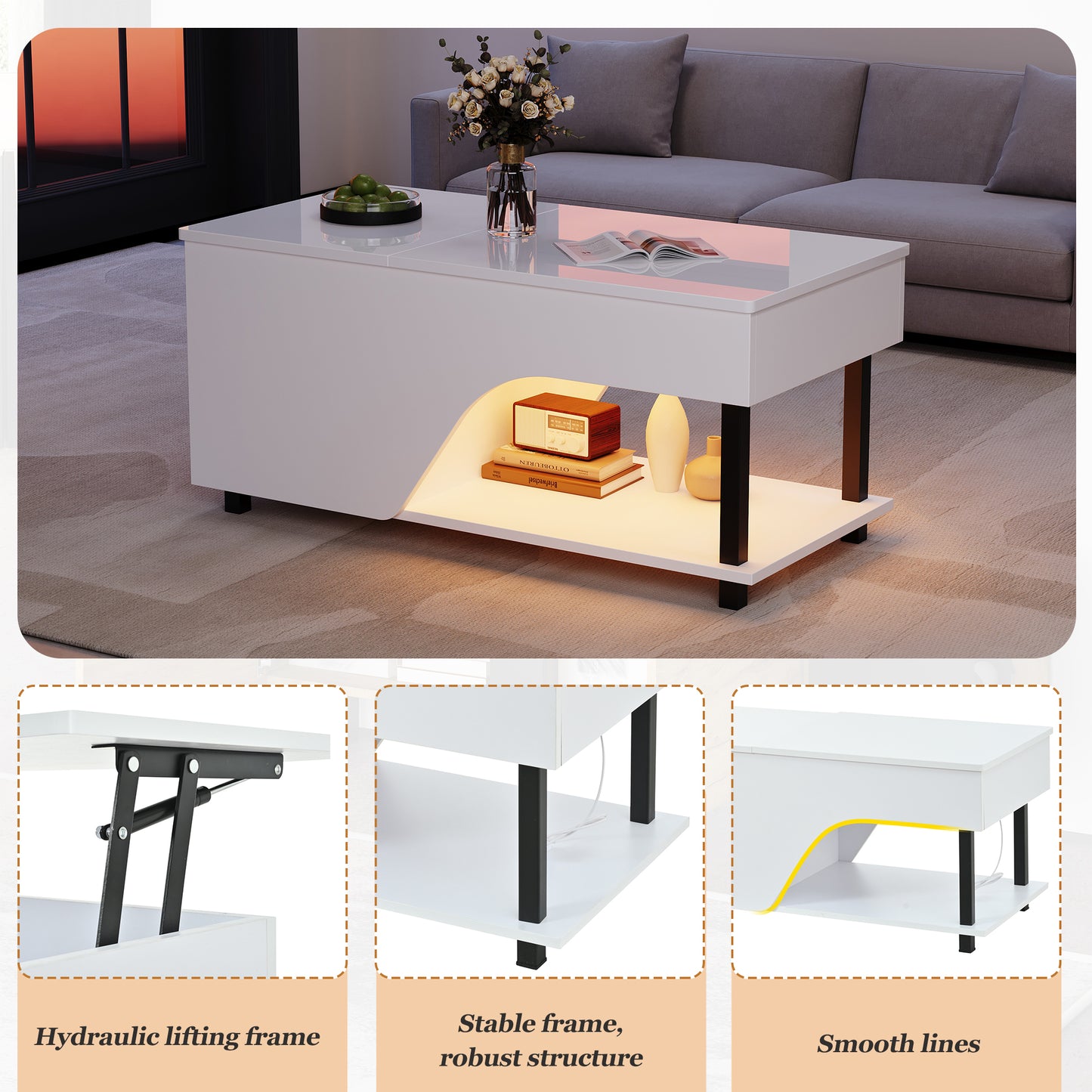 50 x 100 x 46 cm höhenverstellbarer Wohnzimmer-Couchtisch,Beistelltisch mit verstecktem Stauraum,Durchbrochener kaffetisch,Hochglänzender LED-Sofatisch,Teetisch mit seitlicher Ablage,Weiß
