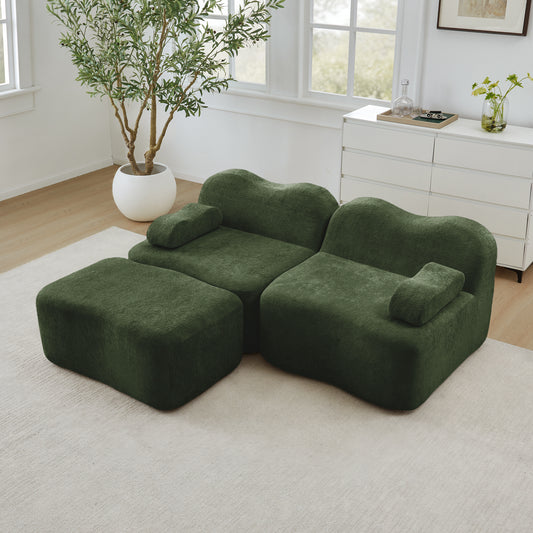 2-Sitzer L-förmiges Modulares Boneless Sofa mit 1 Ottoman, Wellenform, bewegliches Armlehnenkissen, für Wohnzimmer & Apartment, kein Aufbau nötig, Grün