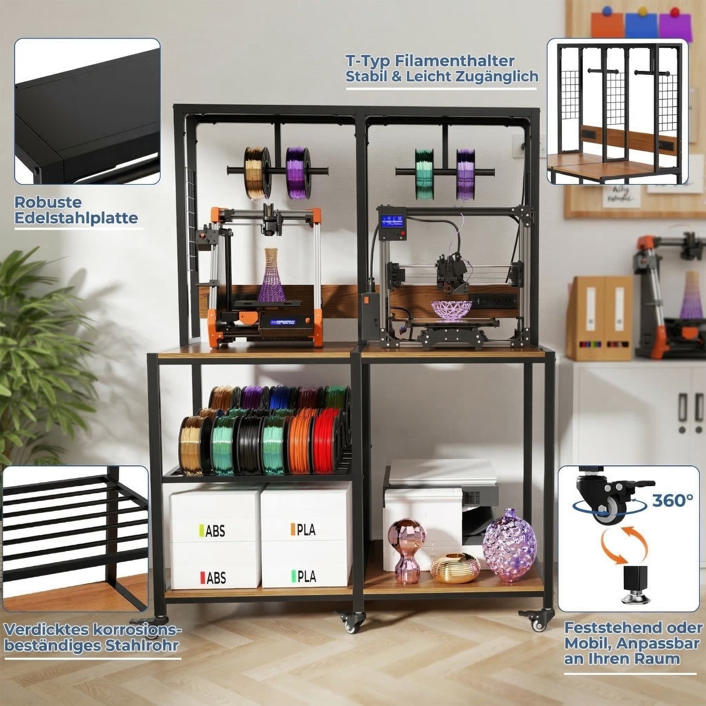 Dual Metal 3D Printer Stand with Filament Storage