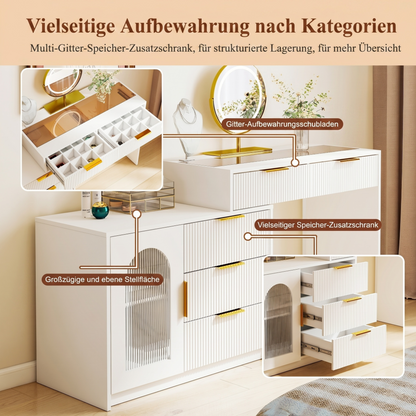 Moderner Schminktisch mit Glasplatte, Ausziehbarer Frisiertisch mit LED beleuchtetem Spiegel & Riffeloptik, Weiß,H75/B90-160/T40cm
