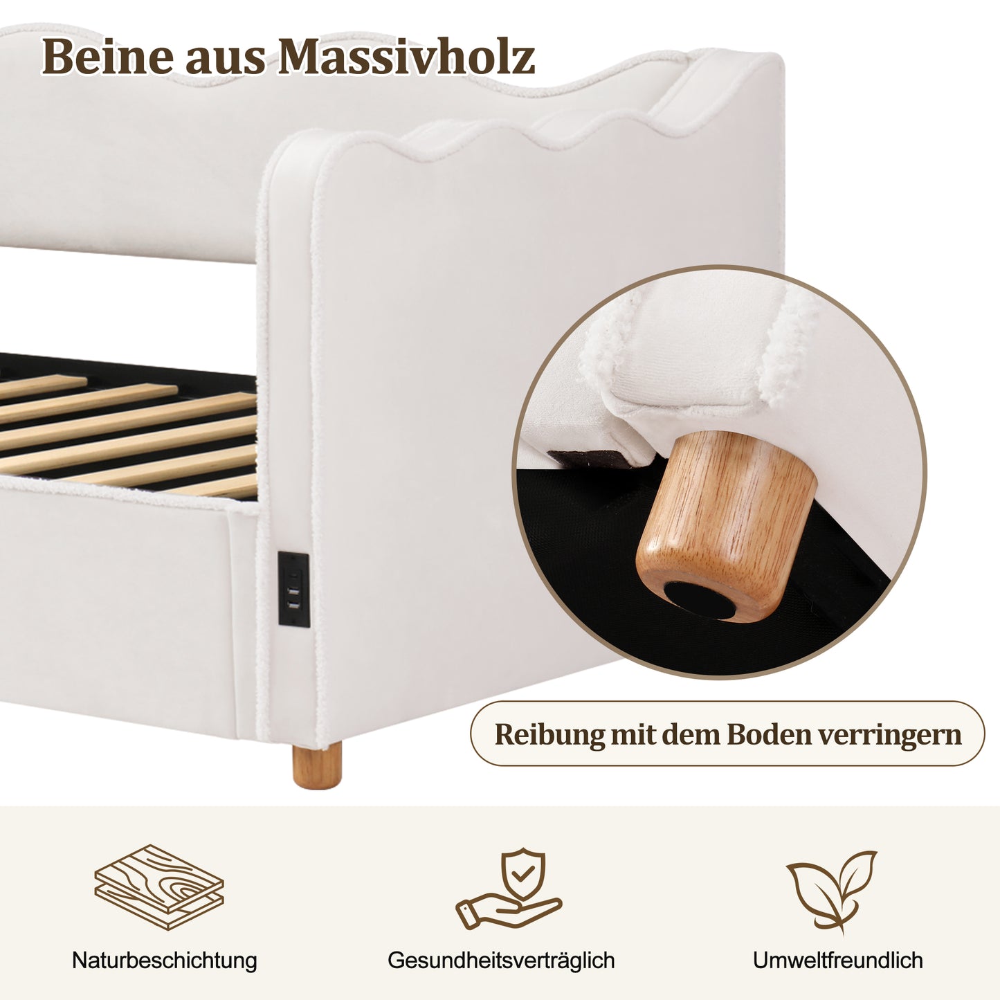 Daybett 90x200 cm mit hydraulischem Stauraum, Polsterbett, Tagesbett, Schlafsofa mit USB & Rückenlehne, samt, beige