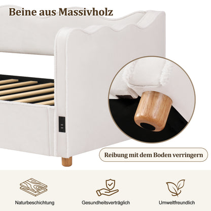 Daybett 90x200 cm mit hydraulischem Stauraum, Polsterbett, Tagesbett, Schlafsofa mit USB & Rückenlehne, samt, beige