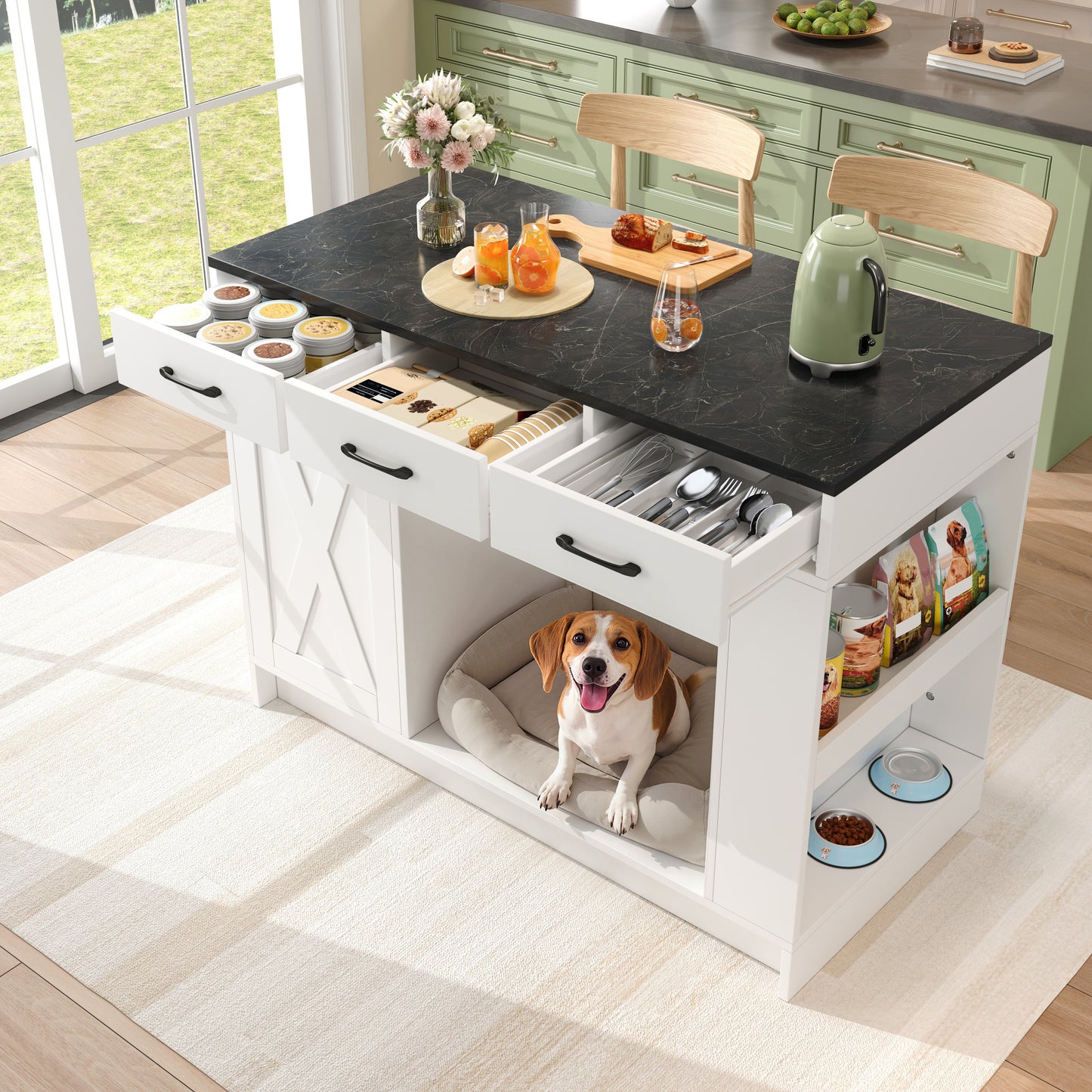 Kücheninsel, Schrank mit 3 Schubladen, 1 Gewürzablage, verstellbare Regalplatte, Doppelablage (ohne Hundefutterteller), geräumiger Haustieraufbewahrungsbereich (ohne Hundekissen), 120*60*90 cm, weiß