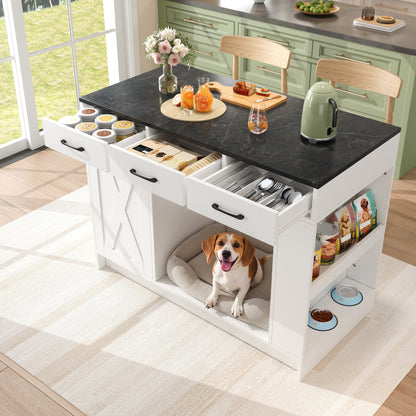 Kücheninsel, Schrank mit 3 Schubladen, 1 Gewürzablage, verstellbare Regalplatte, Doppelablage (ohne Hundefutterteller), geräumiger Haustieraufbewahrungsbereich (ohne Hundekissen), 120*60*90 cm, weiß