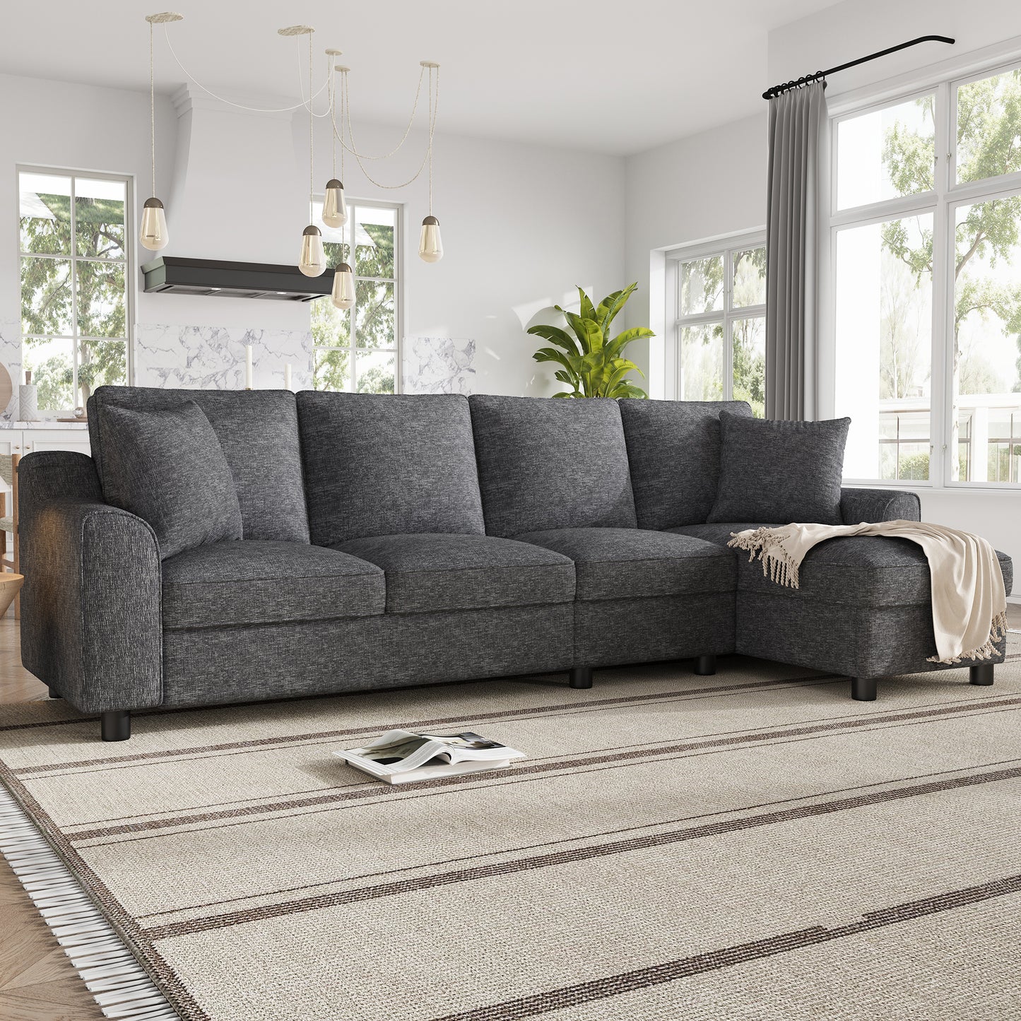 Modernes Chenille L-Form Sofa 3-Sitzer + Chaiselongue Ecksofa, Chaiselongue mit aufklappbarem Stauraum, klappbare Rückenlehne mit Getränkehaltern, multifunktionales modulares Sofa, Grau, 280×136×82cm