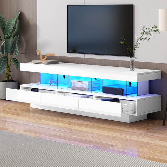 160*38*50.5cm weißer Hochglanz-TV-Schrank mit 3 Glasfächern, LED-Beleuchtung, App-Steuerung, Bluetooth-verbunden, für 70-Zoll-TV,Hochglanz mit Glas-TV-Ständer,Smart TV-Schrank