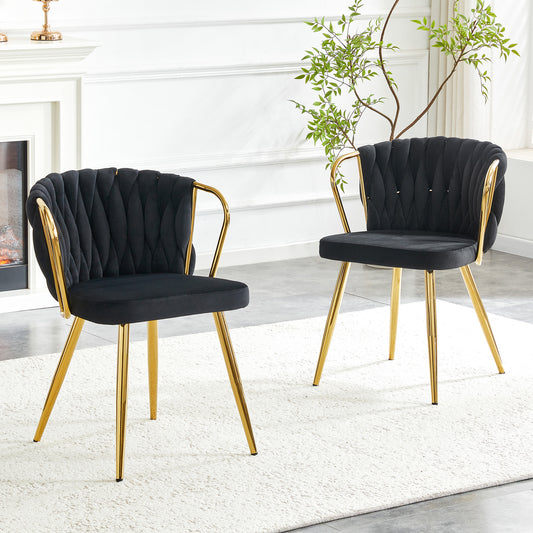 Gigab2b original image - Esszimmerstuhl mit Samtbezug, Moderner Polsterstuhl mit Geflochtenem Rückenlehne & Goldenen Metallbeinen, Ergonomischer Sessel für Esszimmer, Wohnzimmer & Küche, Schwarz-Gold