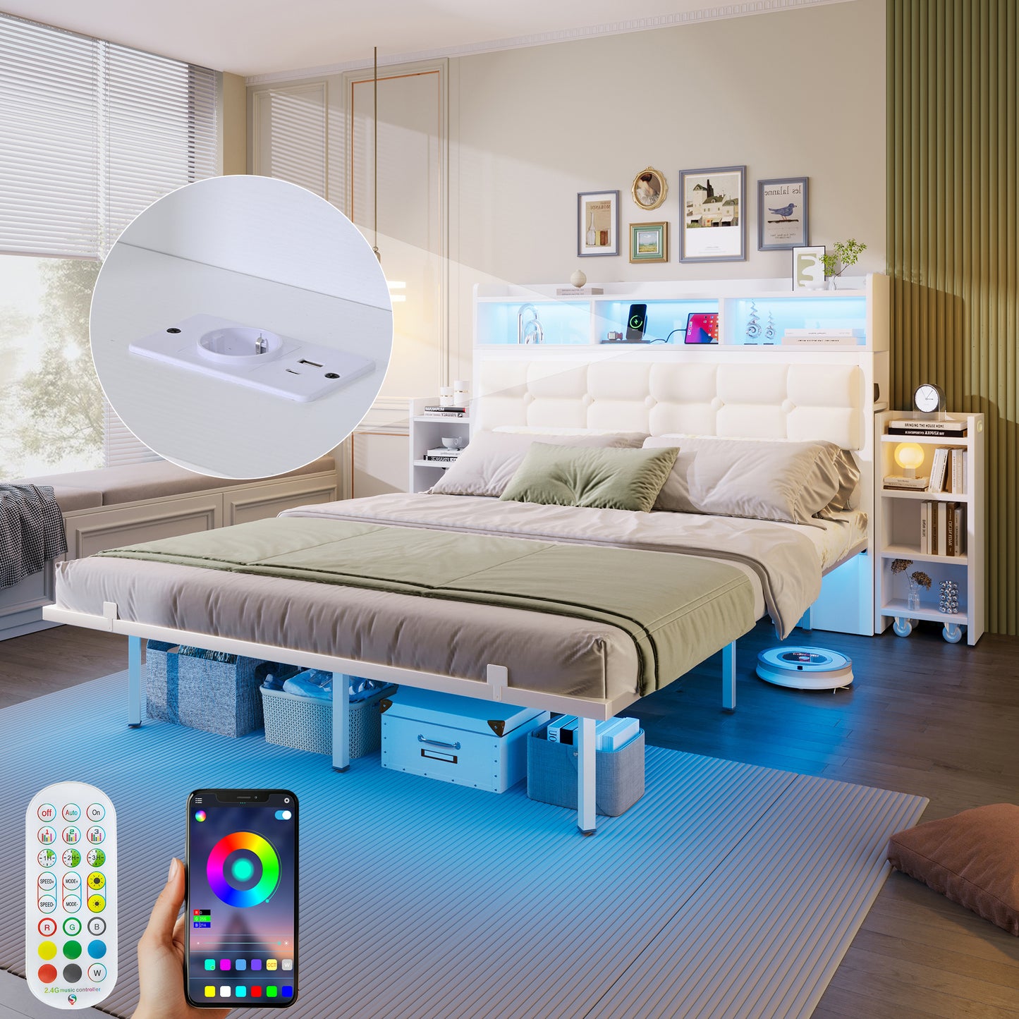 Gigab2b original image - Doppelbett 140*190 CM mit Lattenrost und Kopfteil, mit 2 ausziehbaren Nachttischen, mit Ablagefächern, mit Handyladefunktion (TYPE C Schnittstelle und USB), mit LED, Weiß