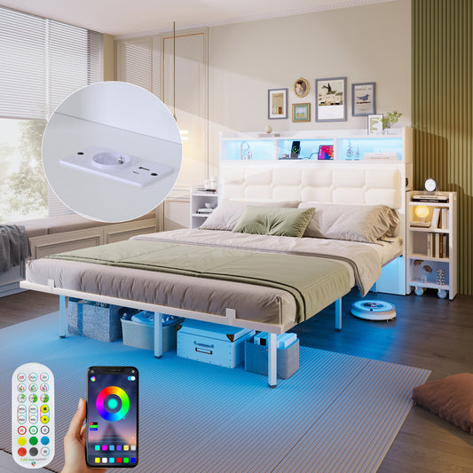 Gigab2b original image - Doppelbett 140*190 CM mit Lattenrost und Kopfteil, mit 2 ausziehbaren Nachttischen, mit Ablagefächern, mit Handyladefunktion (TYPE C Schnittstelle und USB), mit LED, Weiß