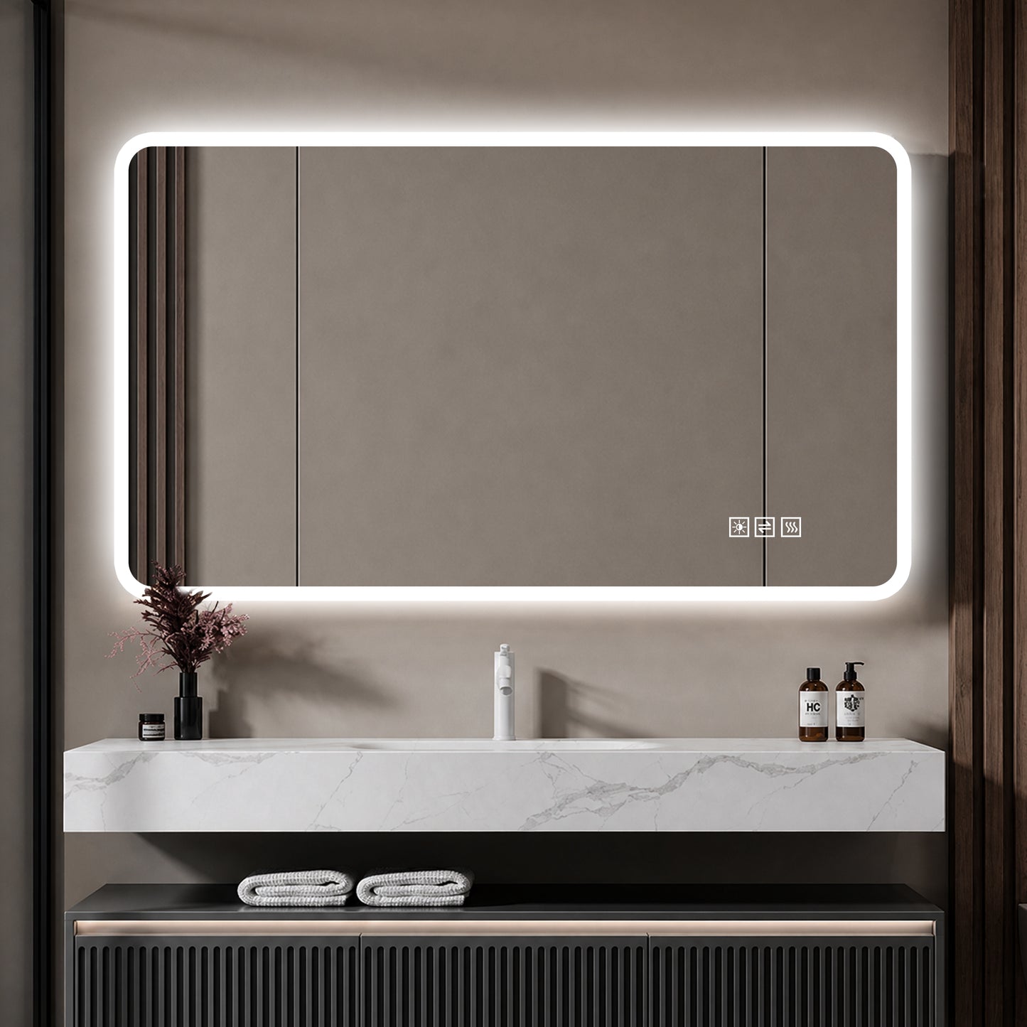 60×120cm LED Badezimmerspiegel mit Milchglasrand, Frontbeleuchtung, Anti-Beschlag, 3 Lichtfarben, Stufenlos Dimmbar, Memory-Funktion, Horizontal & Vertikal Montierbar, IP44 Wasserdicht
