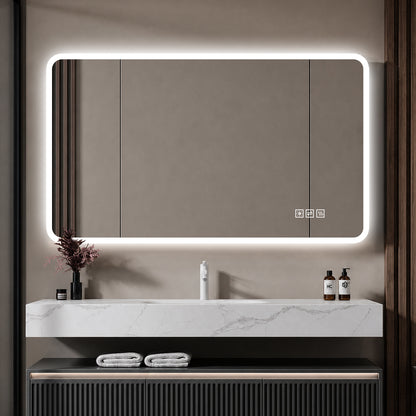 60×120cm LED Badezimmerspiegel mit Milchglasrand, Frontbeleuchtung, Anti-Beschlag, 3 Lichtfarben, Stufenlos Dimmbar, Memory-Funktion, Horizontal & Vertikal Montierbar, IP44 Wasserdicht