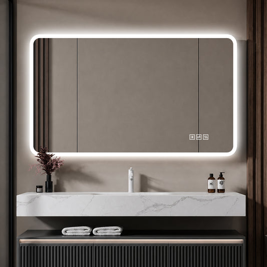 60×120cm LED Badezimmerspiegel mit Milchglasrand, Frontbeleuchtung, Anti-Beschlag, 3 Lichtfarben, Stufenlos Dimmbar, Memory-Funktion, Horizontal & Vertikal Montierbar, IP44 Wasserdicht