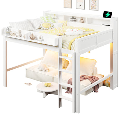140x200 cm großes Hochbett aus Holz mit Ablagefächern, LED-Beleuchtung und USB-Anschluss, Weiß